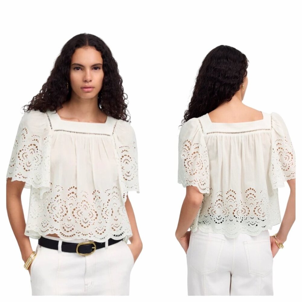 Madewell Womens Flutter-Sleeve Blouse White Sz XS Flowy Feminine Embroidered Top